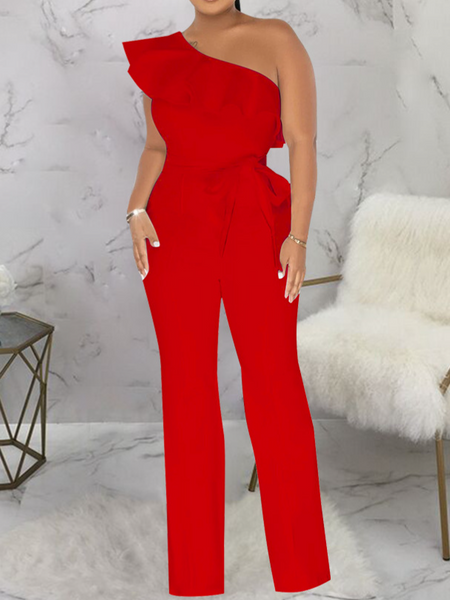 One Shoulder Ruffled Jumpsuit With Belt HWFUCLBRBX