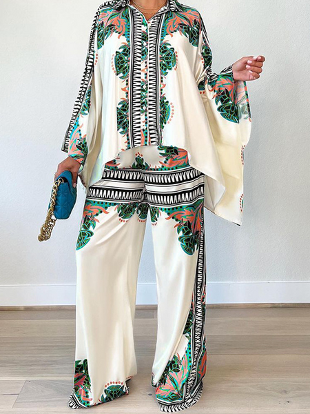 Printed Bat Sleeve Loose Top and Wide-leg Pants