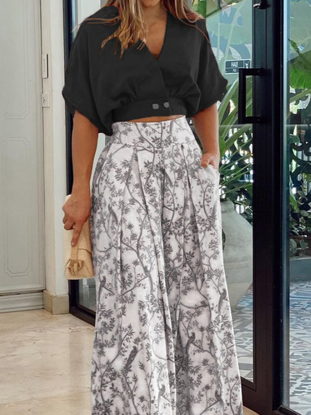 V-Neck Cropped Top And Printed Wide-Leg