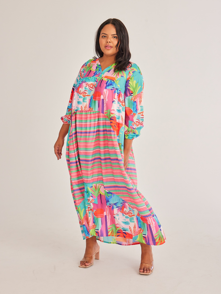 Loose V Neck Printed Long Sleeve Dress HW5NCUW586