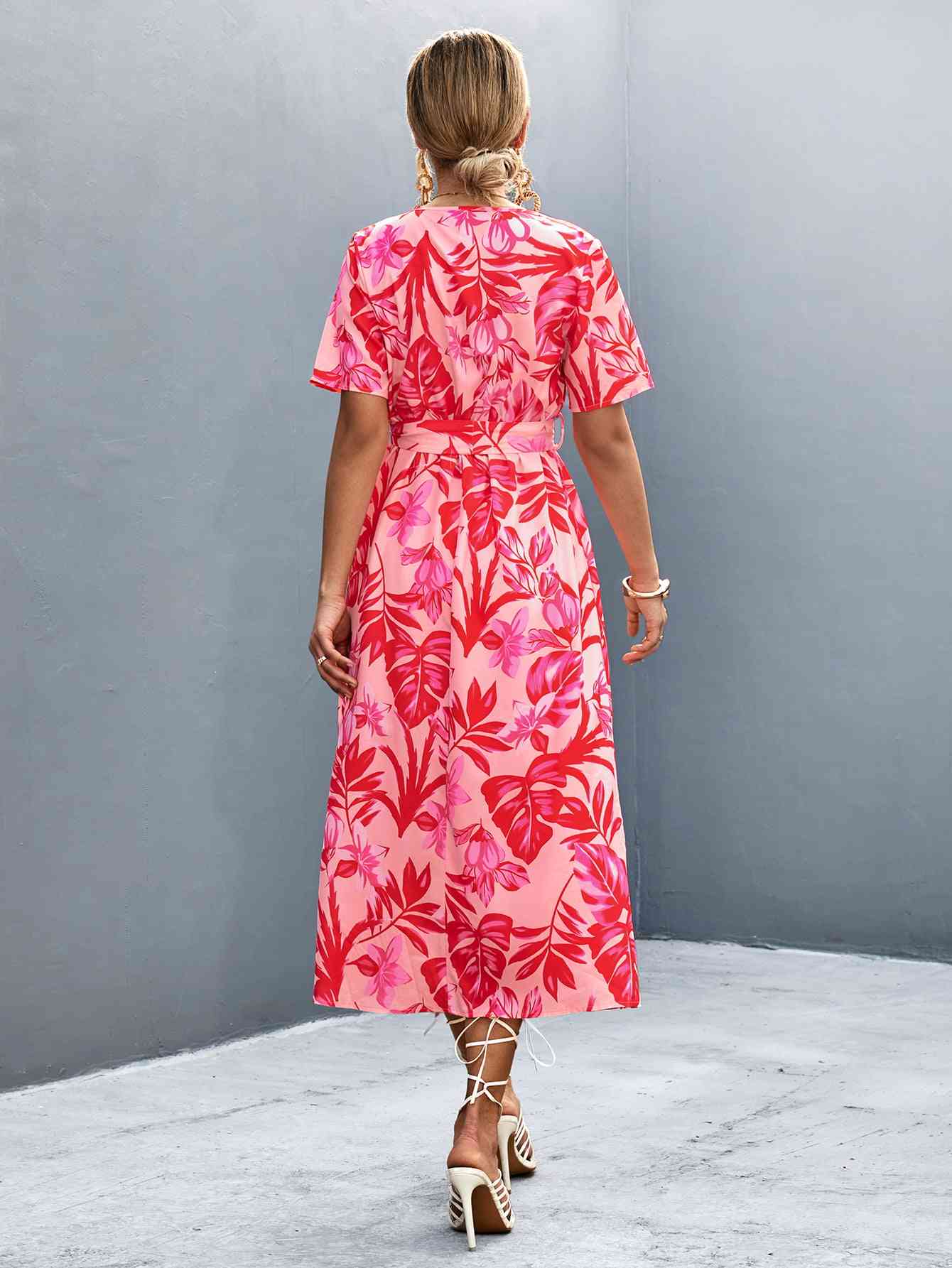 Floral Print High Slit Surplice Neck Tie Waist Midi Dress