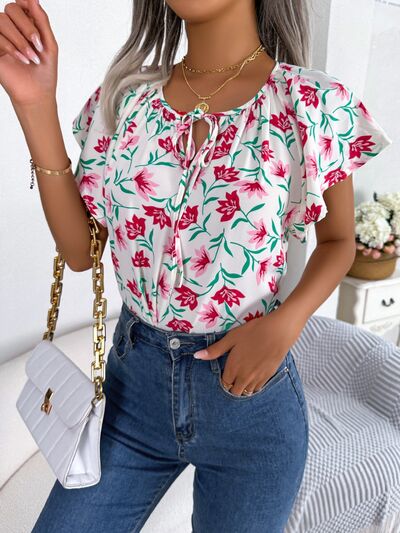 Floral Tie Neck Flutter Sleeve Blouse