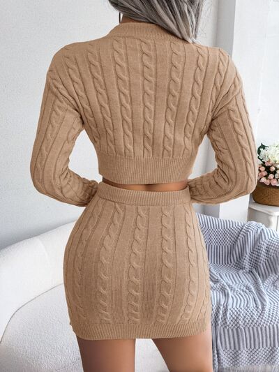 Cable-Knit Round Neck Top and Skirt Sweater Set