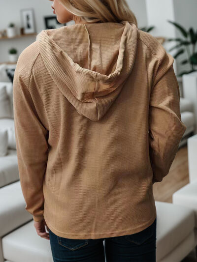 Waffle-Knit Drawstring Quarter Button Hoodie