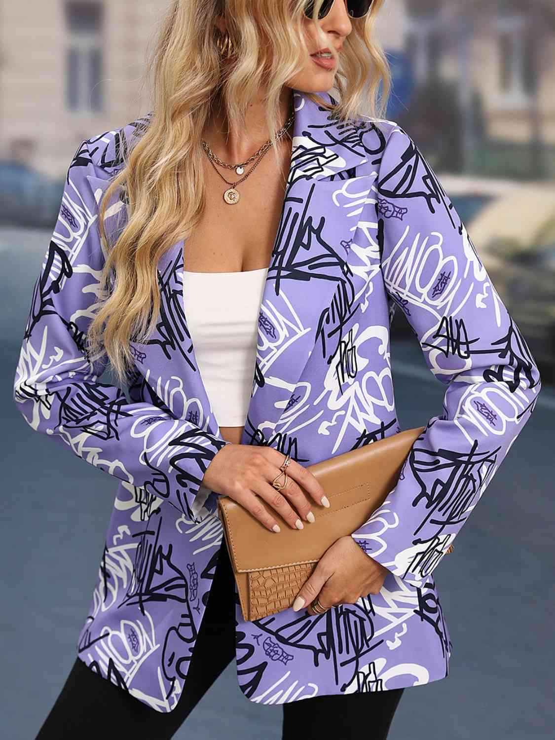 Printed Lapel Collar Long Sleeve Blazer