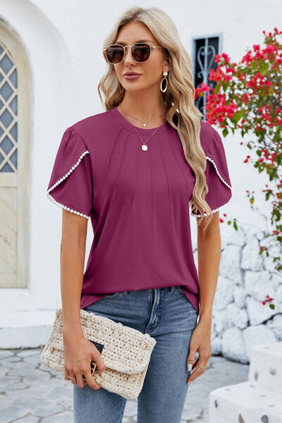 Round Neck Petal Sleeve T-Shirt