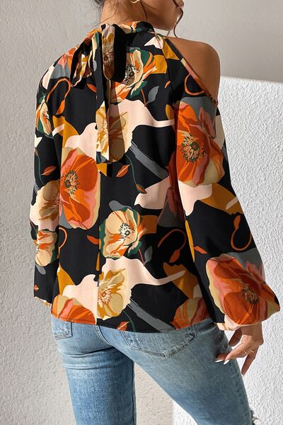 Floral Cold Shoulder Balloon Sleeve Blouse