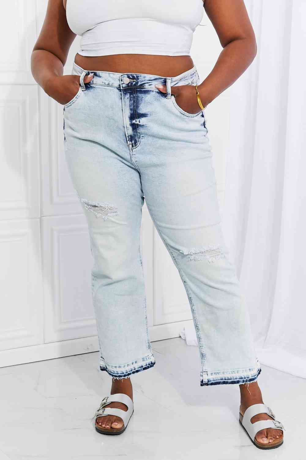 RISEN Full Size Camille Acid Wash Crop Straight Jeans