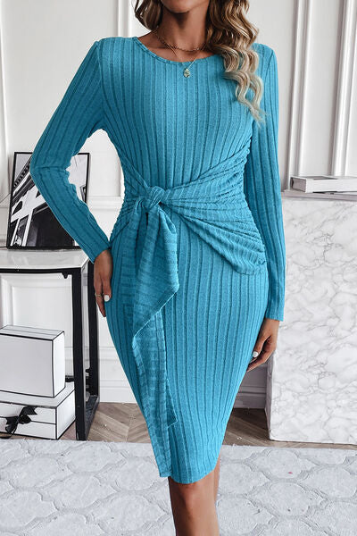 Ribbed Tied Long Sleeve Wrap Dress