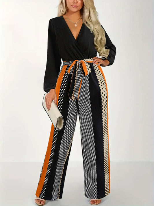 Color Block Surplice Neck Tied Jumpsuit