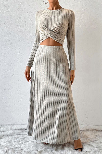 Ribbed Round Neck Top and Skirt Set