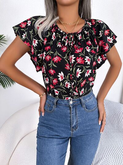 Floral Tie Neck Flutter Sleeve Blouse