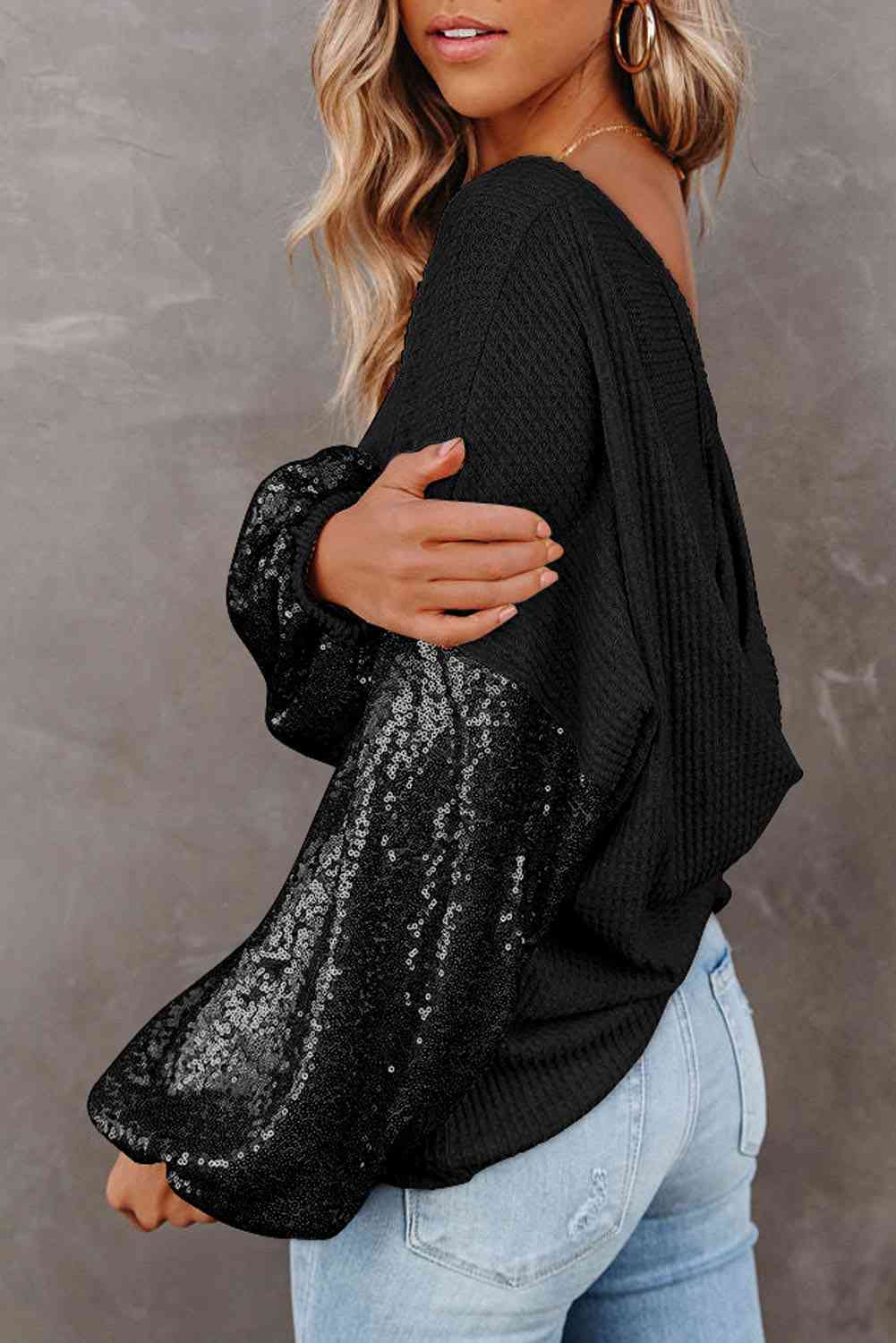 Sequin Waffle-Knit Blouse