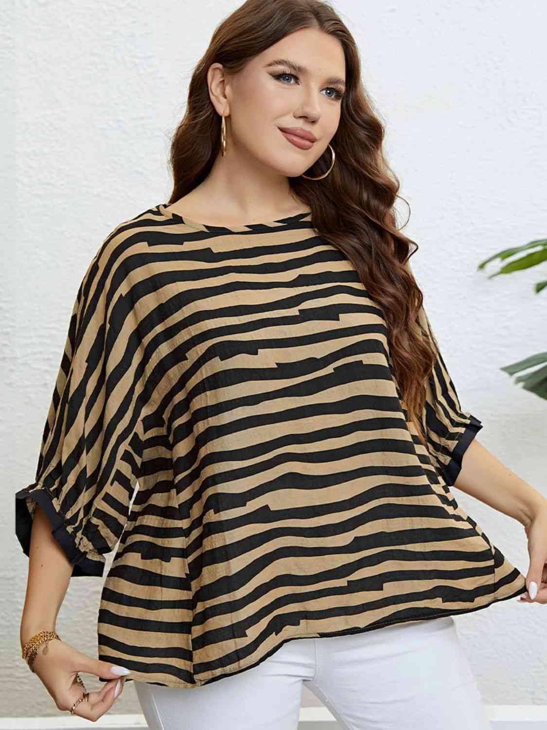 Plus Size Striped Three-Quarter Sleeve Boat Neck Top