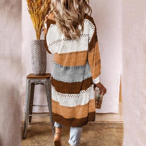 Color Block Open Front Openwork Cardigan