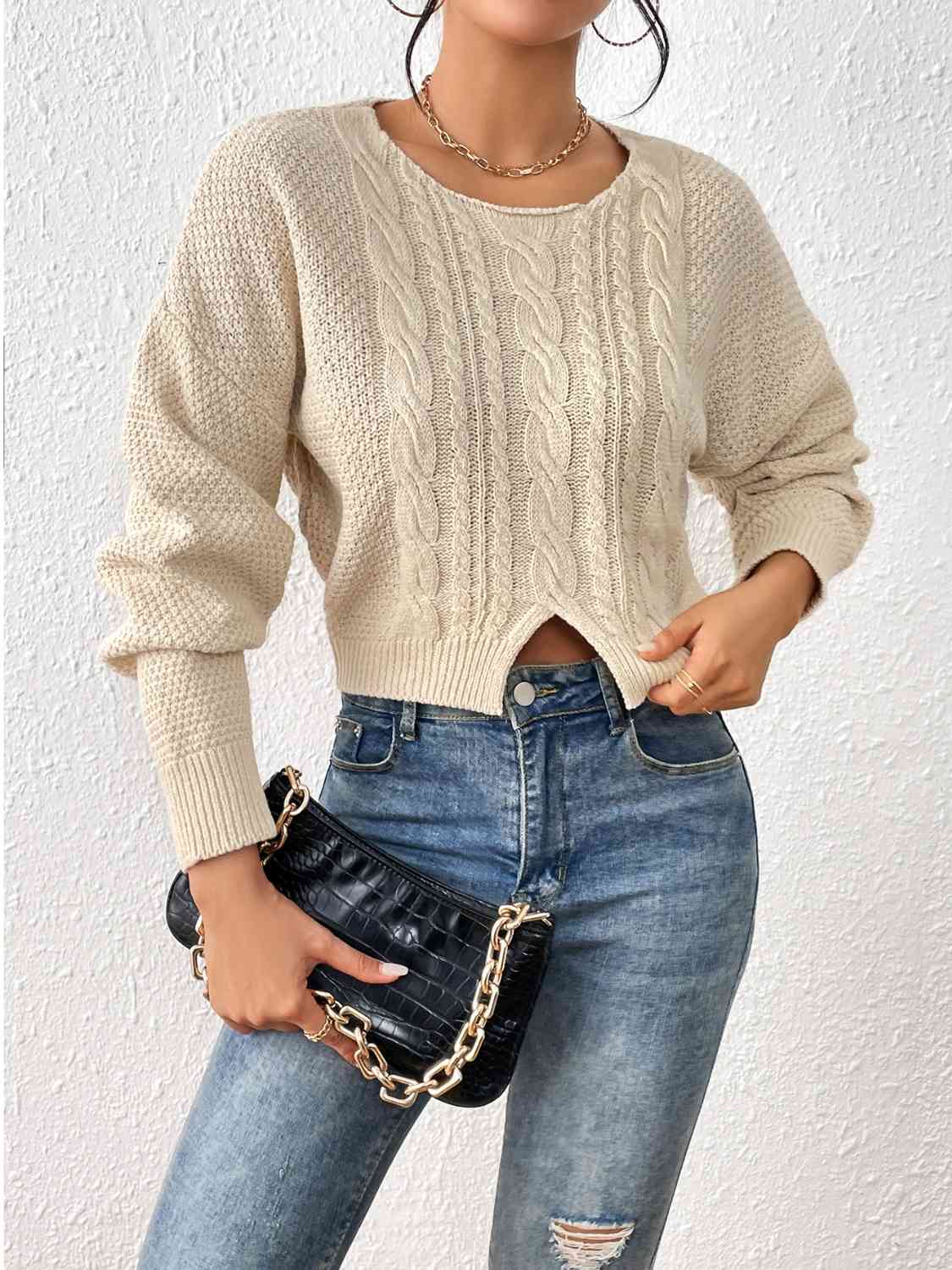 Cable-Knit Slit Drop Shoulder Sweater