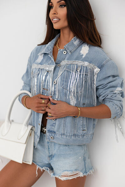 Sequin Fringe Trim Distressed Button Up Denim Jacket